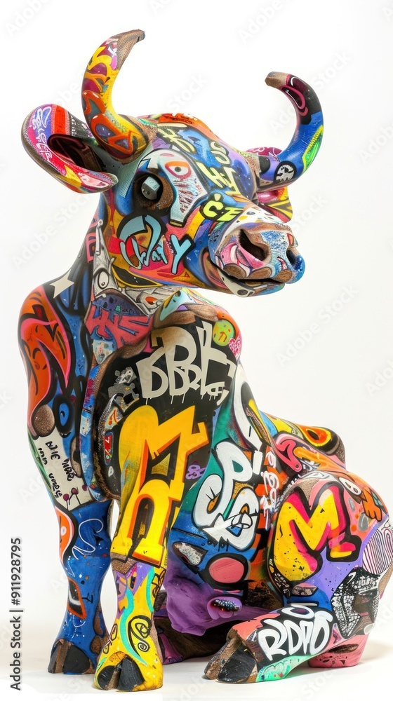 Fototapeta premium Colorful graffiti cow sculpture.