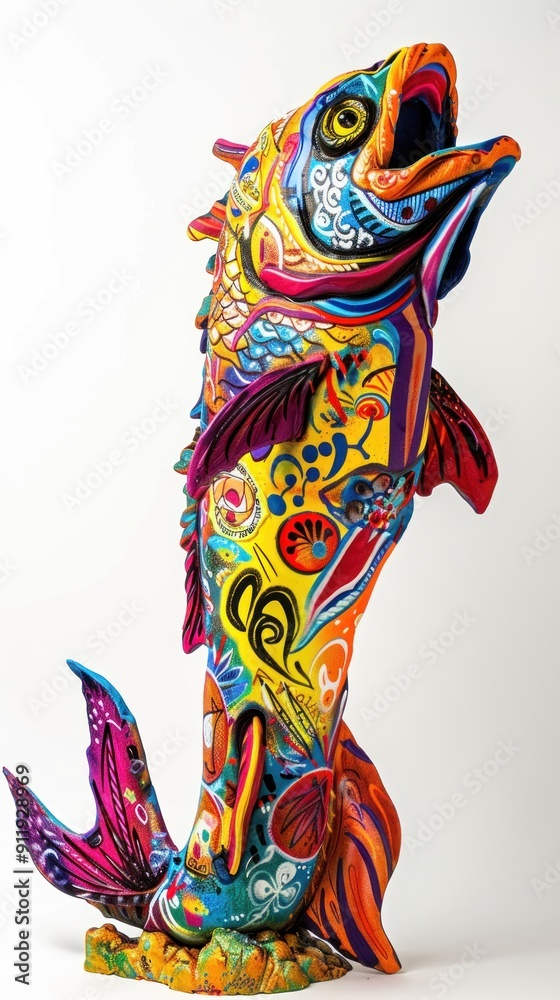 Fototapeta premium Colorful fish sculpture with intricate patterns and vibrant colors.