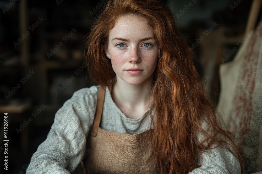 Pensive redhead woman with freckles in cozy sweater Pensive redhead woman with freckles in cozy sweater