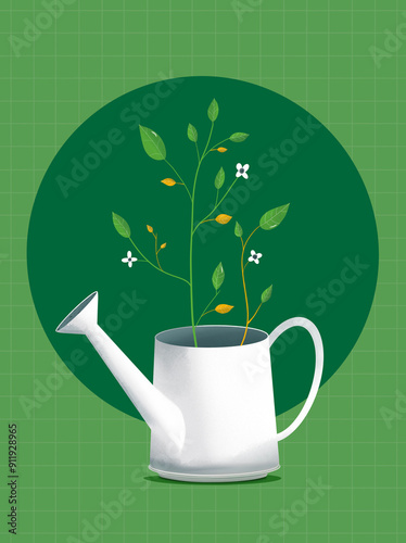 Watering can with green plants and flowers.  photo