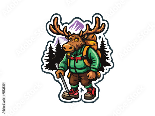 A moose with a backpack and hiking stick, wearing a green jacket and red hiking boots, standing in front of a mountain range and pine trees.