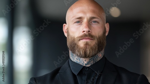 Serious man with beard and tattoos wearing black coat photo