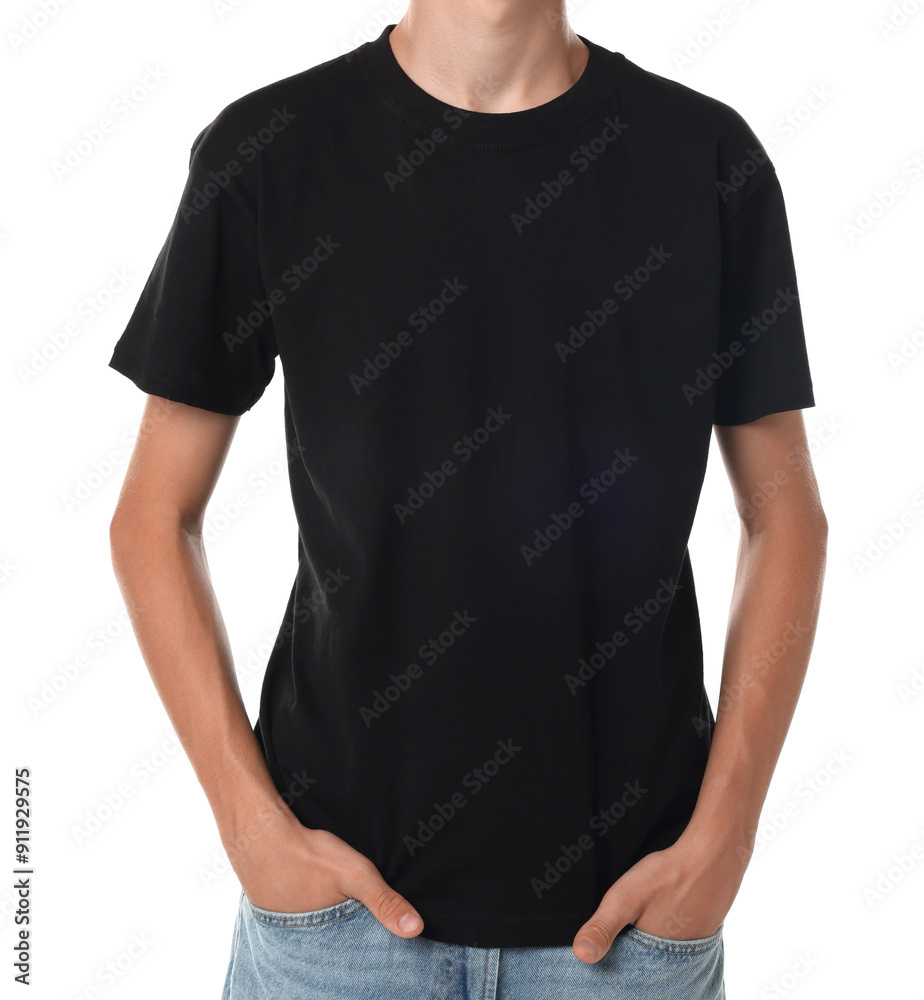 Teenage boy wearing black t-shirt on white background, closeup Teenage boy wearing black t-shirt on white background, closeup