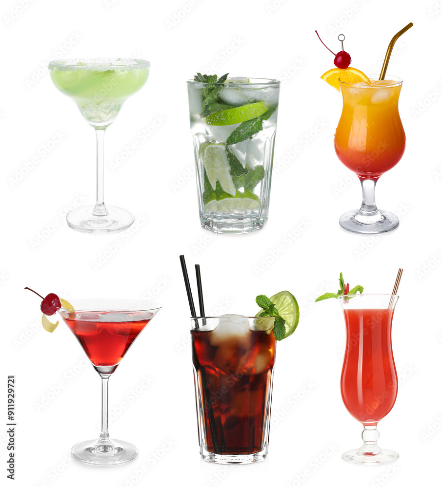 Many different cocktails in glasses isolated on white, collection Many different cocktails in glasses isolated on white, collection