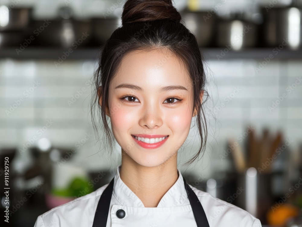 smiling asian female chef in uniform smiling asian female chef in uniform