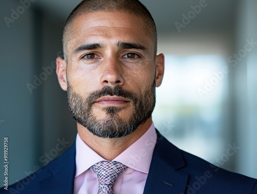 Serious businessman with beard looking at camera