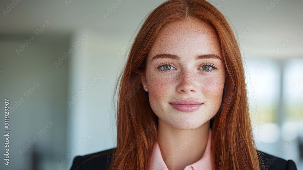 Confident young woman with red hair and freckles Confident young woman with red hair and freckles
