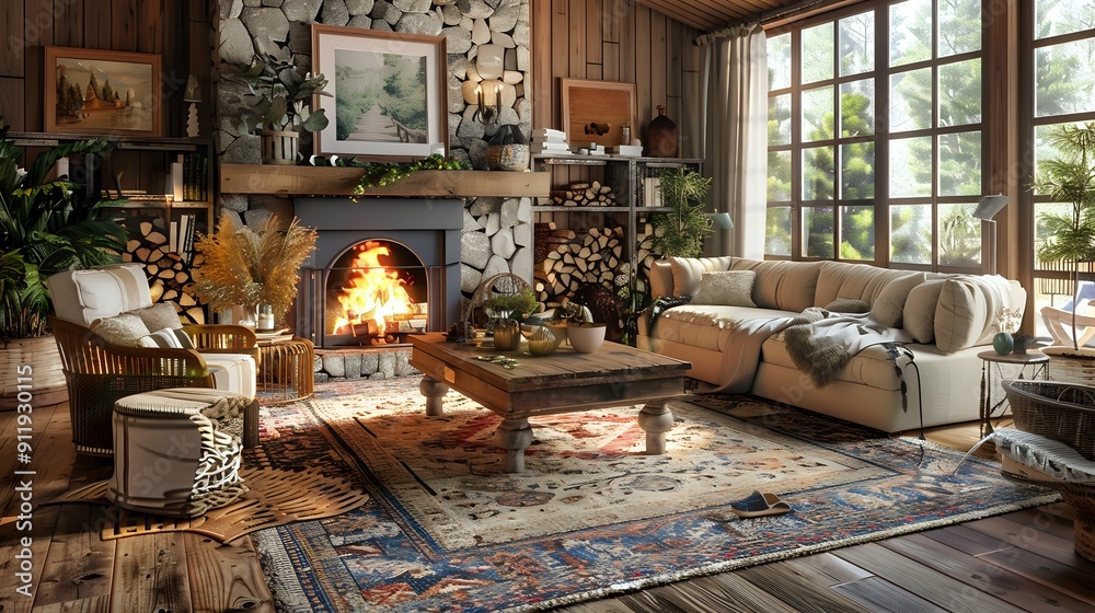 Cozy Rustic Living Room Features a Stone Fireplace and Warm, Earthy Tones for a Welcoming Ambiance Cozy Rustic Living Room Features a Stone Fireplace and Warm, Earthy Tones for a Welcoming Ambiance