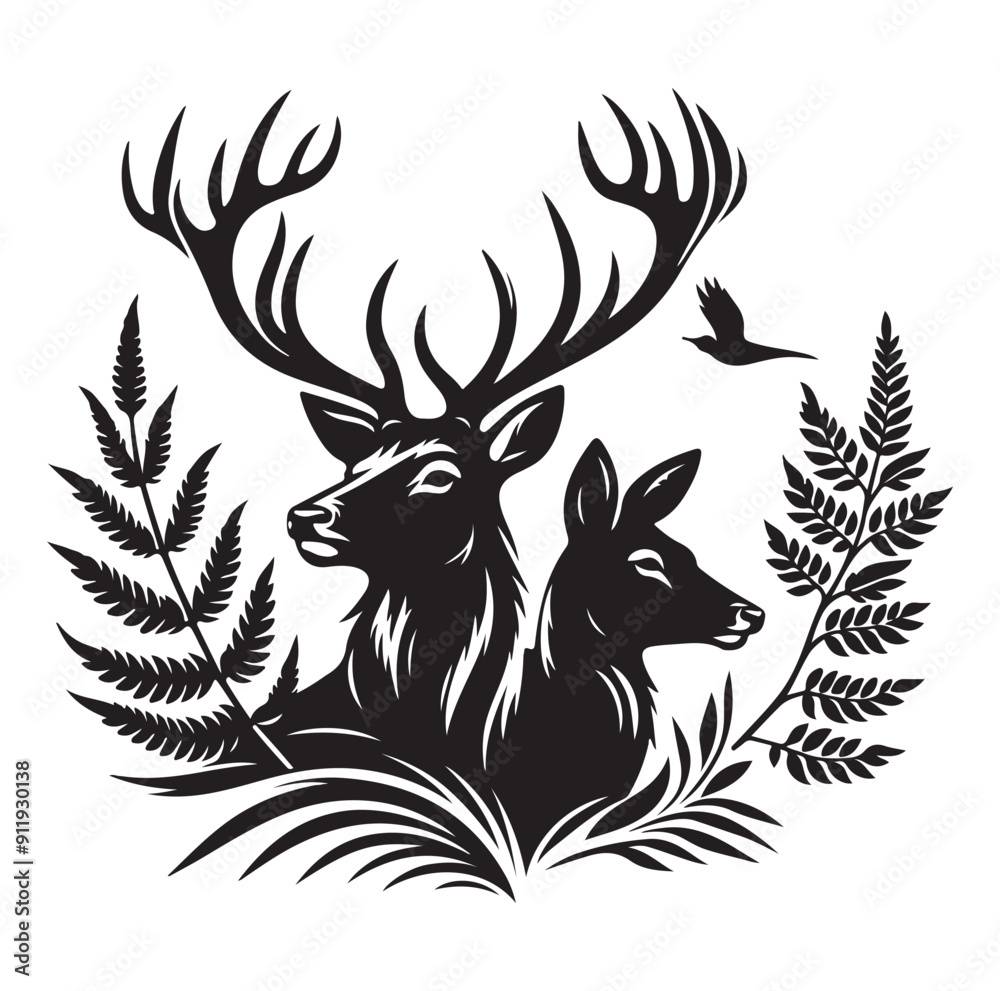 Obraz premium Deer silhouette black vector art illustration design.