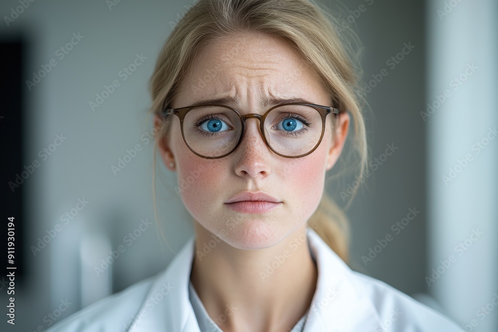 Thoughtful woman with glasses looking concerned Thoughtful woman with glasses looking concerned