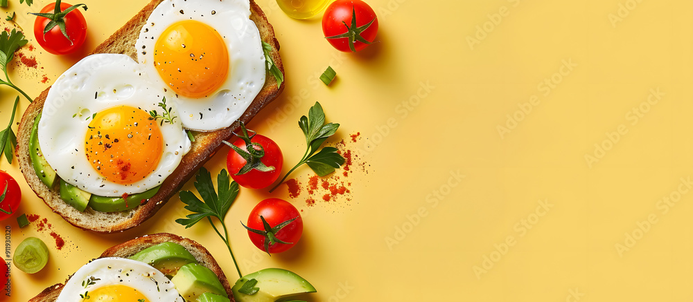 Top view of a vegetarian breakfast recipe: fried eggs with cherry tomatoes, greenery, and avocado toast on a yellow background with copy space image. Top view of a vegetarian breakfast recipe: fried eggs with cherry tomatoes, greenery, and avocado toast on a yellow background with copy space image.