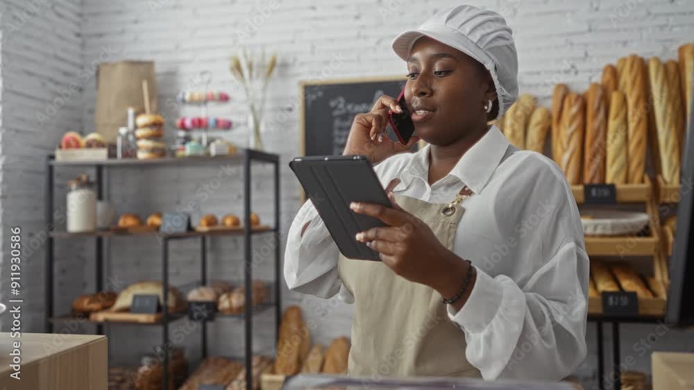 Young african woman in bakery shop talking on phone and using tablet indoors wearing uniform with bread shelves in background Young african woman in bakery shop talking on phone and using tablet indoors wearing uniform with bread shelves in background
