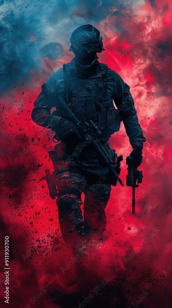 Silhouetted soldier in red smoke with a rifle.