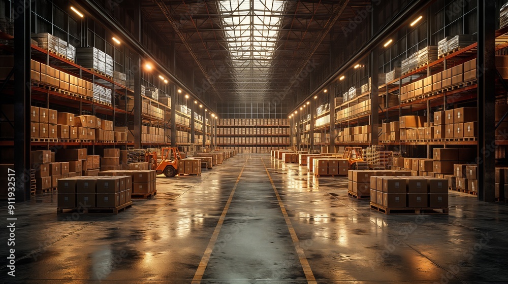 A spacious warehouse filled with boxes and pallets, showcasing industrial logistics and distribution within a modern shipping supply chain environment A spacious warehouse filled with boxes and pallets, showcasing industrial logistics and distribution within a modern shipping supply chain environment