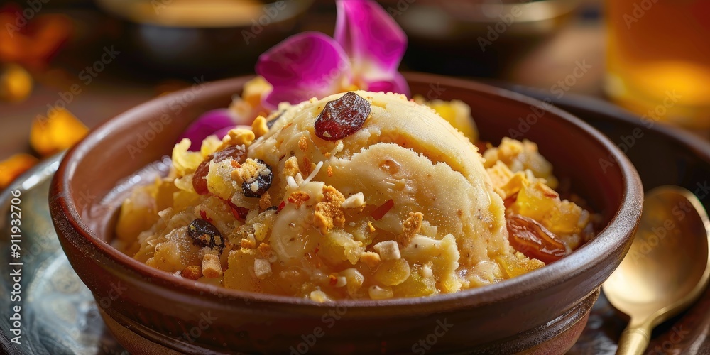 Selective focus on a bowl of Galar Halwa and Vanilla Ice cream topped with dried fruits Selective focus on a bowl of Galar Halwa and Vanilla Ice cream topped with dried fruits