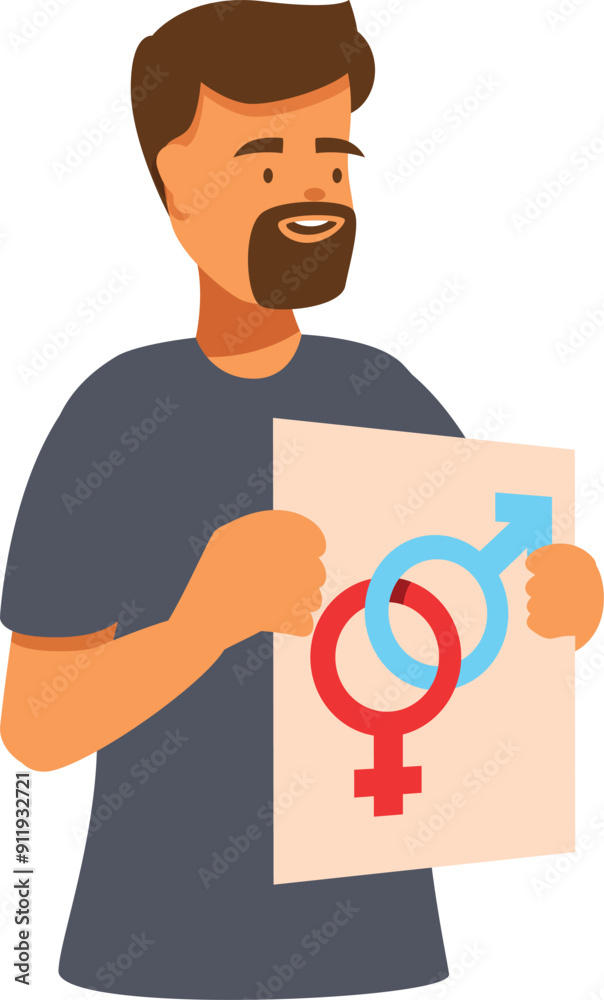 Young man holding banner with gender symbols, male and female sign, gender equality, feminism, sex education Young man holding banner with gender symbols, male and female sign, gender equality, feminism, sex education