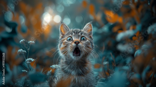 A cute surprised kitten surrounded by lush foliage and flowers in a magical garden, capturing a sense of curiosity and wonderand surprise photo