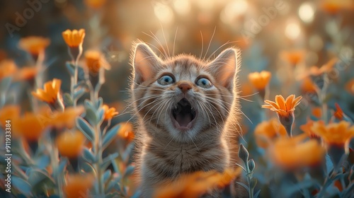 A cute surprised kitten surrounded by lush foliage and flowers in a magical garden, capturing a sense of curiosity and wonderand surprise photo