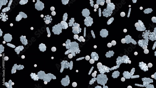 Shiny snowflakes falling on transparent background. Seamless looping animation.