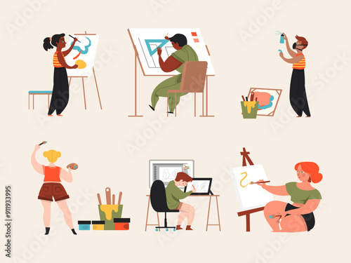 Art School Drawing Lesson Creative Workshop. Female Teacher Student Drawing on Easel Flat Vector.