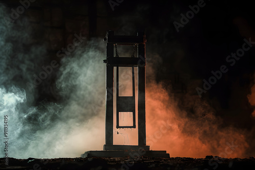 Horror view of Guillotine. Close-up of a guillotine on a dark foggy background.