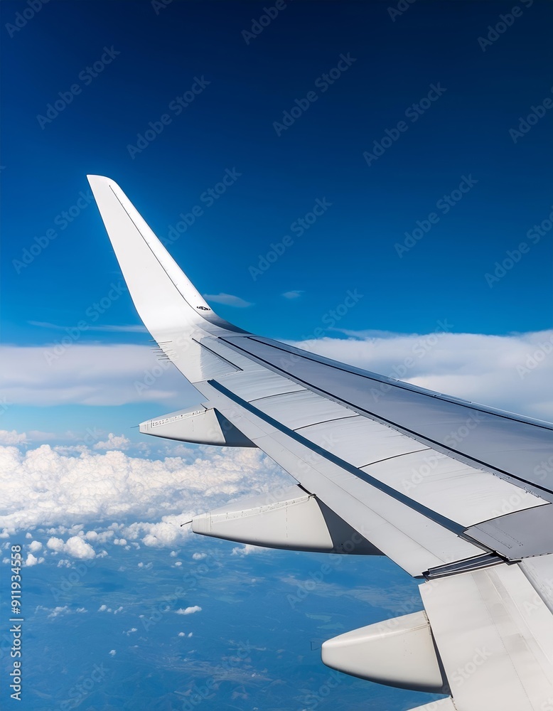Fototapeta premium A wing cutting through the clouds towards a bright blue sky