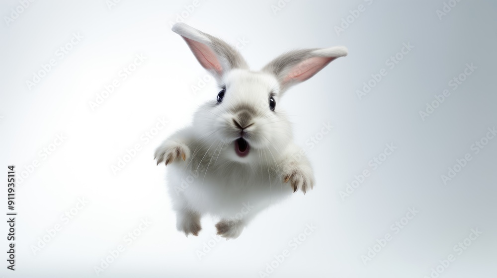 Obraz premium Surprised Funny Cute Bunny with Big Eyes on Light Background, Cute Animal Portrait