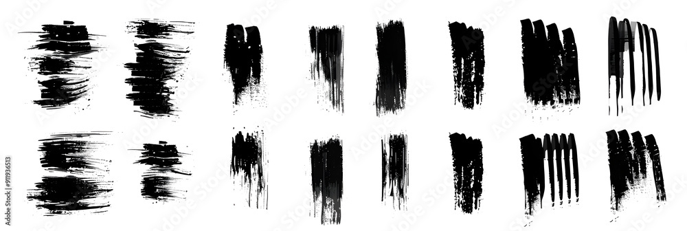 Brush strokes, black ink lines, vector abstract set with paint brush grunge texture on white background. Paintbrush strokes and ink smear stains Brush strokes, black ink lines, vector abstract set with paint brush grunge texture on white background. Paintbrush strokes and ink smear stains