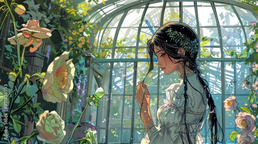 Woman in a greenhouse, surrounded by flowers, looking contemplative. Woman in a greenhouse, surrounded by flowers, looking contemplative.