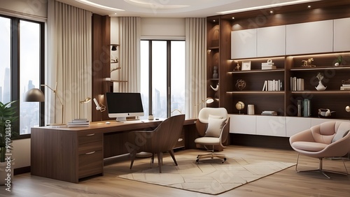 Modern minimalist computer room interior design, brown and white color theme home decor living room with cabinet  study room 