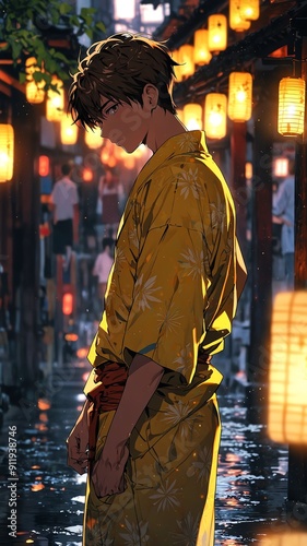 anime boy in yellow yukata portrait character cartoon manga design illustration art 301