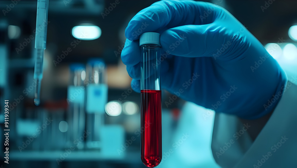 A close-up of a gloved hand holding a test tube filled with red liquid, showcasing a laboratory environment and scientific exploration. A close-up of a gloved hand holding a test tube filled with red liquid, showcasing a laboratory environment and scientific exploration.