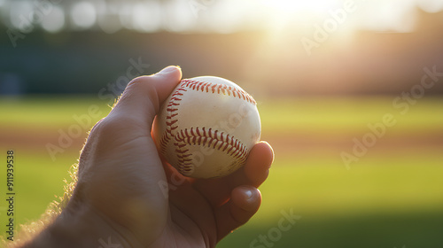 Hand holding a baseball on a sunlight background