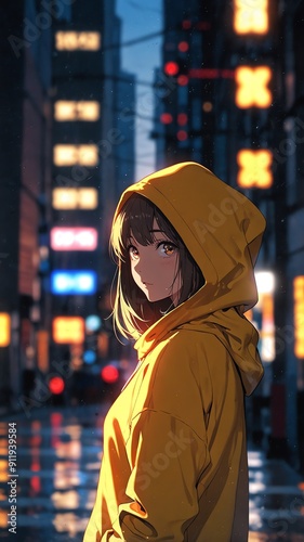 anime girl in yellow hoodie portrait character cartoon manga design illustration art 480