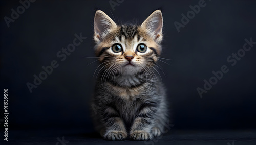 A cute gray tabby kitten with big eyes, looking curiously against a dark background, perfect for pet lovers and animal enthusiasts.