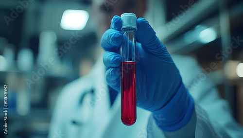 A medical professional holds a test tube filled with red liquid in a laboratory setting, representing health and research.