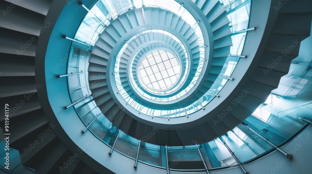 Obraz premium Spiral staircase inside a modern cylindrical building with glass floors