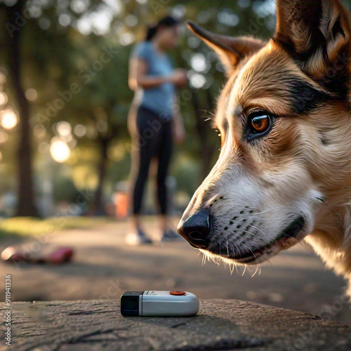 A close-up shot of a dog focused intently on its owner, with a training clicker in the foreground, in a quiet park, during the morning, shot with a Sony A7S III, 50mm f/1.4 lens, high contrast photo