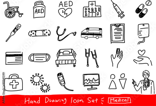 医療イメージのかわいい手描き線画アイコンセット