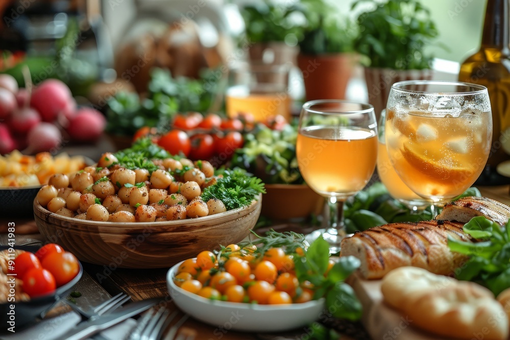 Vegetarian snack table setting with chard vases, veg dish, drinks for healthy diet Vegetarian snack table setting with chard vases, veg dish, drinks for healthy diet