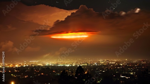Spectacular Red Plasma Cloud Illuminates Night City Sky with Enigmatic Elongated UFO.