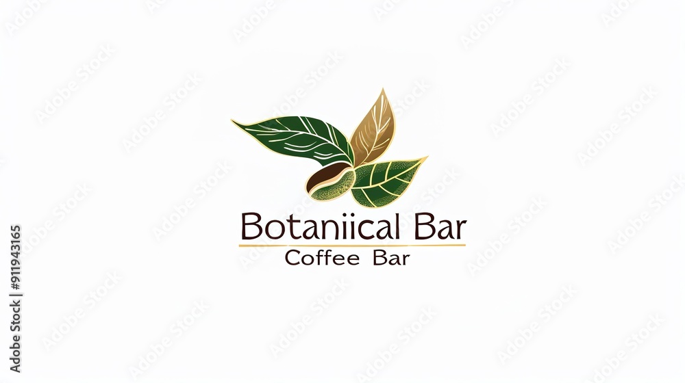 Botanical Coffee Bar Logo: A Simple and Elegant Emblem Combining Coffee Bean with Graceful Green Leaves in Green, Gold, and White. Botanical Coffee Bar Logo: A Simple and Elegant Emblem Combining Coffee Bean with Graceful Green Leaves in Green, Gold, and White.