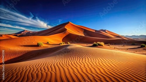 Fototapeta Naklejka Na Ścianę i Meble -  Red sand dunes in the desert under a clear blue sky , desert, landscape, sand, dunes, red, natural, remote, arid, scenic