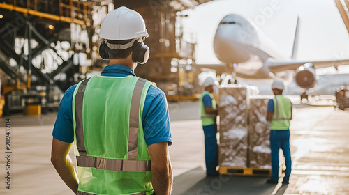 A warehouse employees at the airport are standing and checking inventory before loading goods onto a cargo plane.