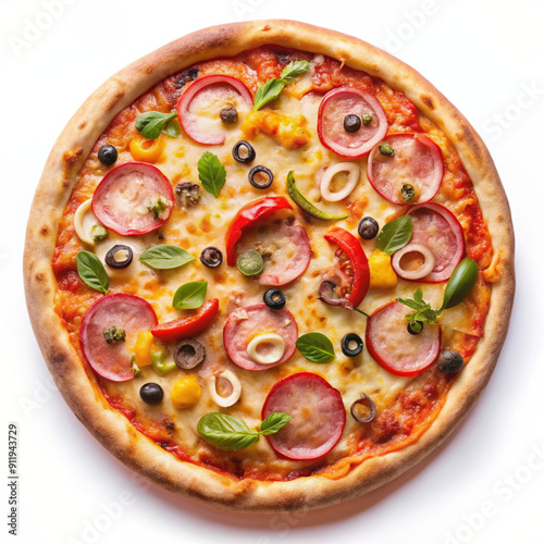 pizza isolated on whitepizza, food, cheese, italian, tomato, dinner, pepperoni, isolated, meal, baked, mozzarella, tasty, crust, pepper, salami, delicious, onion, bacon, lunch, snack, ham, red, sauce, photo