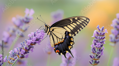 Delicate swallowtail butterfly sipping nectar from a purple lavender sprig