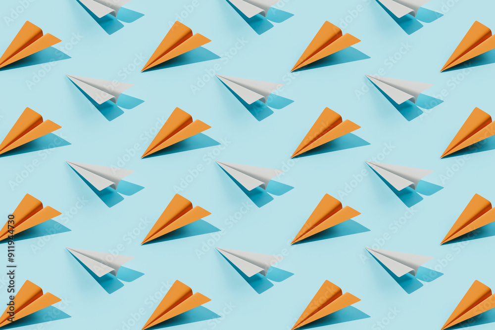 Pattern of Orange and White Paper Planes on Blue Background Pattern of Orange and White Paper Planes on Blue Background