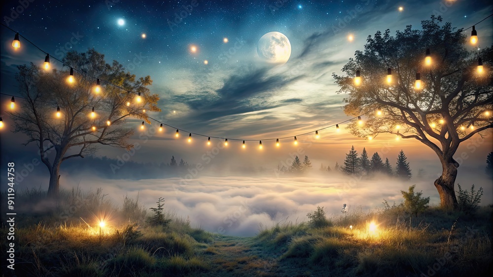 Mystic night landscape with lights and fog , mystical, surreal, ethereal, dreamy, mysterious, atmospheric, enchanted, spooky