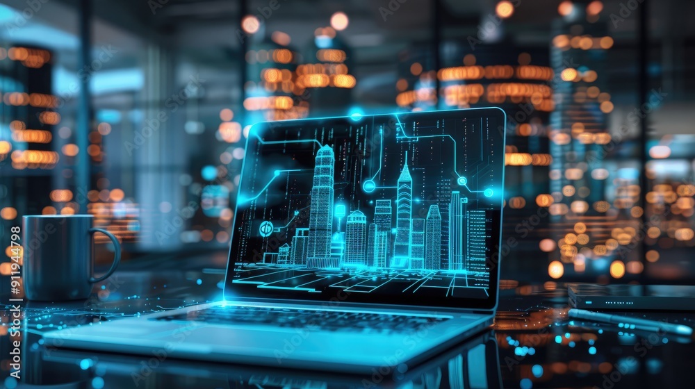 Clean workspace with an open laptop and a futuristic city model Clean workspace with an open laptop and a futuristic city model