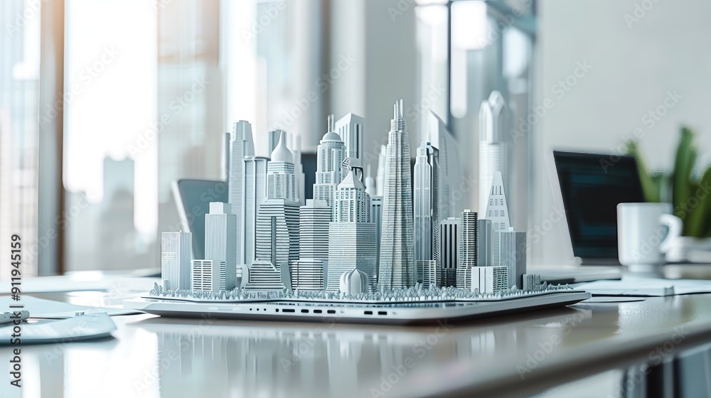 Clean workspace with an open laptop and a futuristic city model Clean workspace with an open laptop and a futuristic city model